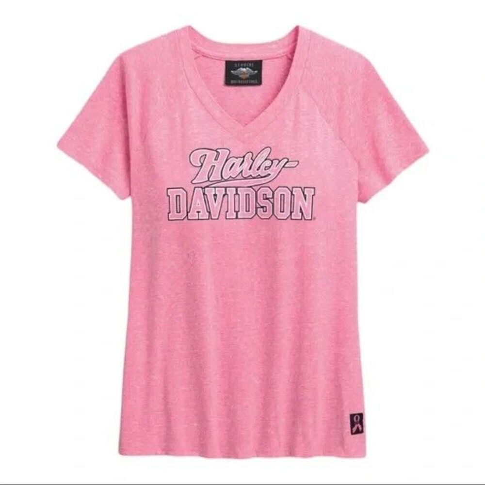 Harley Davidson Short Sleeve Women's T-Shirt L Pink Biker LOGO Motorcycle V-neck